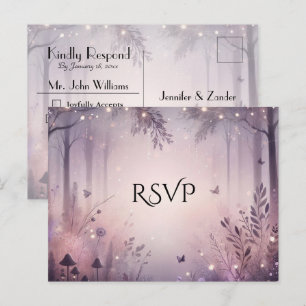Invitation Carte Postale Réponse pour mariage en forêt avec guirlandes féér