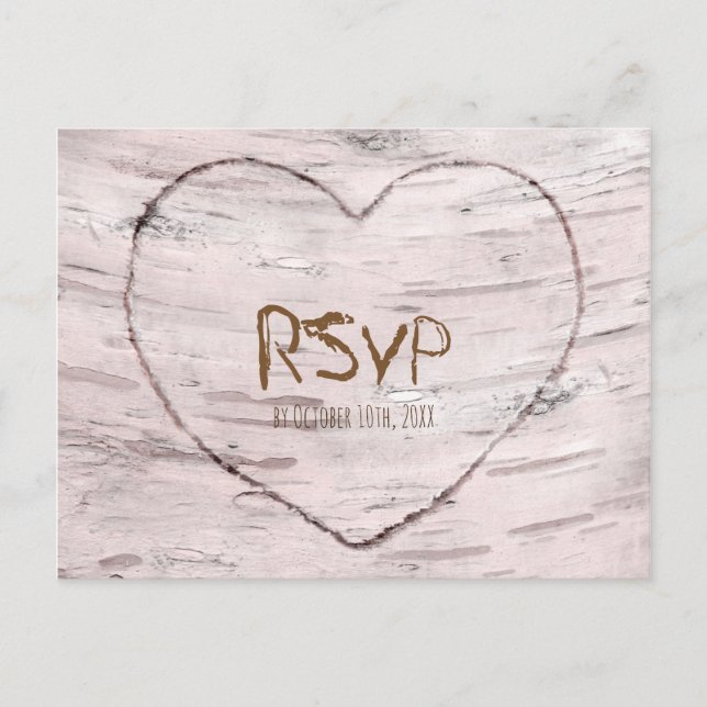 Invitation Carte Postale Réponse pour mariage rustique Birch Tree & Heart (Devant)