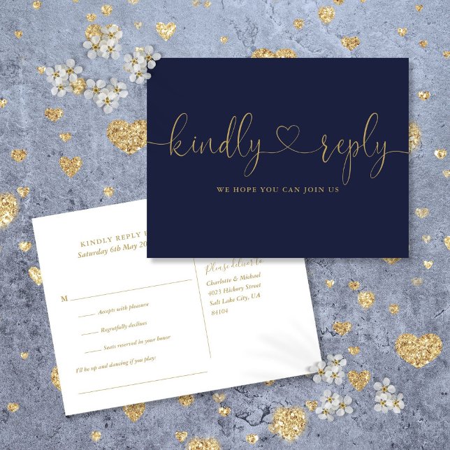Invitation Carte Postale Réponse RSVP de demande de chanson avec écriture d (Navy Blue And Gold Heart Script Song Request RSVP Invitation Postcard)