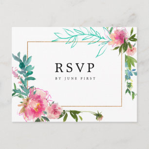 Invitation Carte Postale Réponse RSVP de mariage à l'aquarelle florale rose
