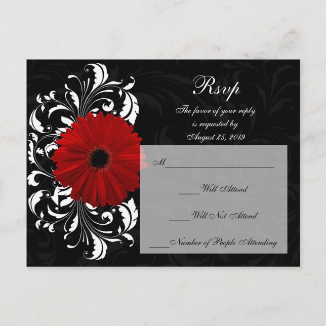 Invitation Carte Postale Réponse RSVP Red+Black+White Gerbera Daisa (Devant)