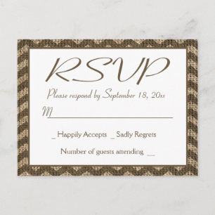 Invitation Carte Postale Réponse Rustique RSVP Toile Marron Chevron Rayure