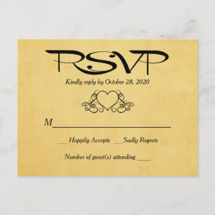 Invitation Carte Postale Réponse Vintage de l'Mariage RSVP Gold & Black