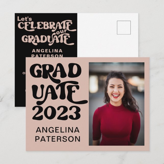 Invitation Carte Postale Retro Chic Photo Black & Pink Graduate Party (Devant / Derrière)