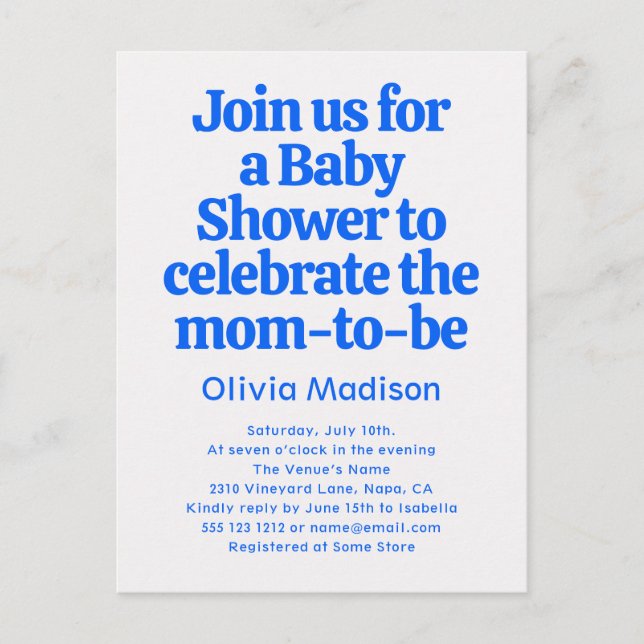 Invitation Carte Postale Retro Gras Baby Shower Bleu (Devant)