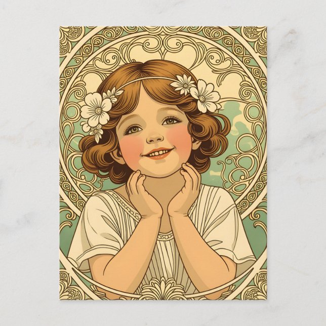 Invitation Carte Postale retro vintage child with flowers (Devant)