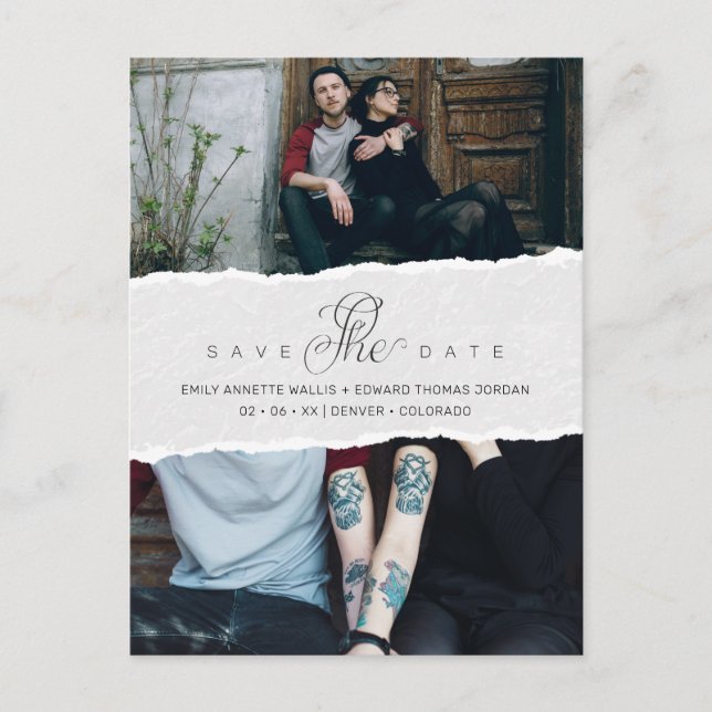 Invitation Carte Postale Ripped Paper Effect Wedding Custom Photo Script (Devant)
