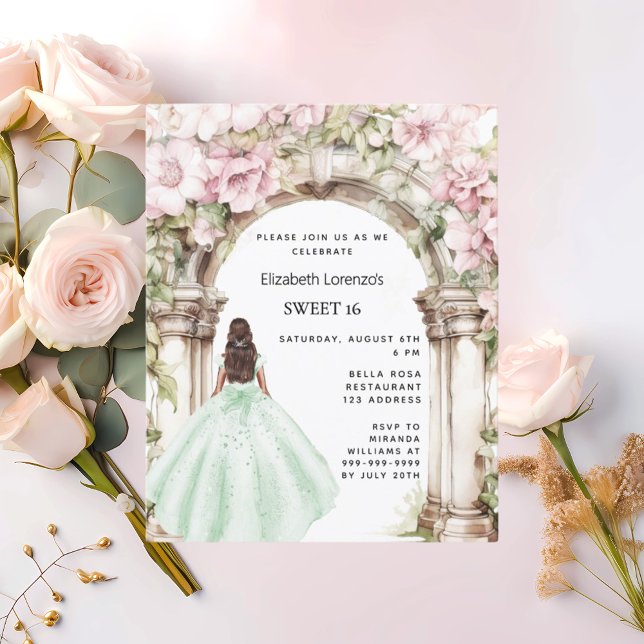 Invitation Carte Postale Robe d'arc rose vert floraux Sweet 16 (Créateur téléchargé)