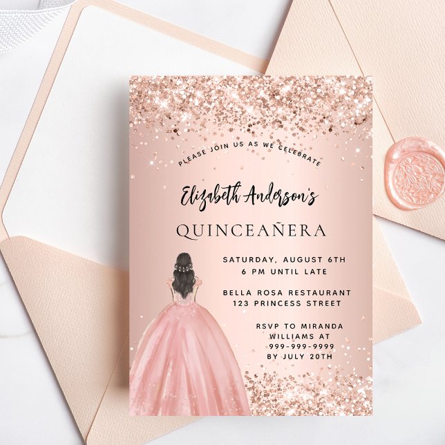 Invitation Carte Postale Robe de parties scintillant en or rose Quinceanera (Créateur téléchargé)