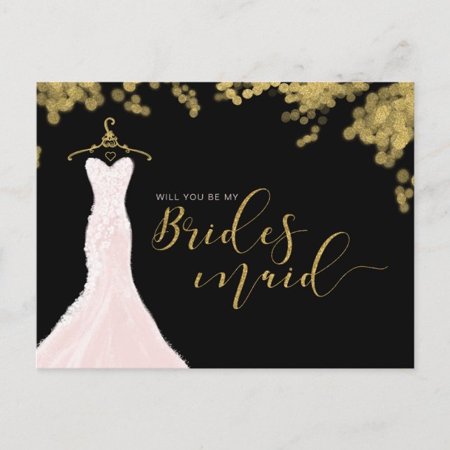 Invitation Carte Postale Robe mariage Black Gold Vous Serez Bridesmaid (Devant)