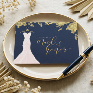 Invitation Carte Postale Robe mariage Marine Gold Serez-vous la servante d'