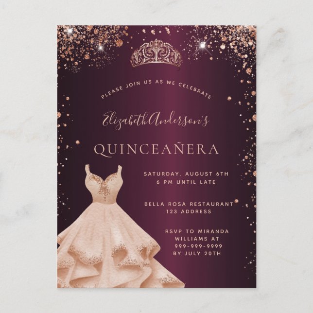 Invitation Carte Postale Robe rose en or mousseux Quinceanera (Devant)