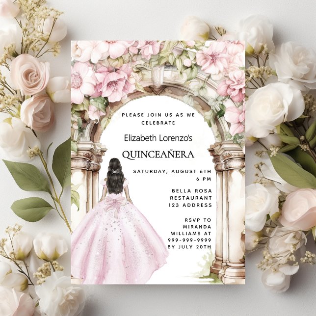 Invitation Carte Postale Robe rose florales arche Quinceanera (Créateur téléchargé)