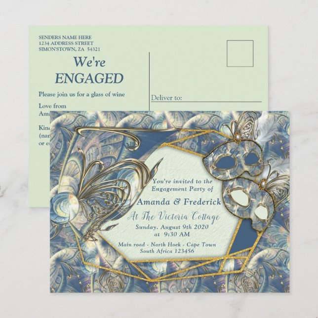 Invitation Carte Postale Rococo Rich Romantic Gold Reliefs & Masques (Devant / Derrière)