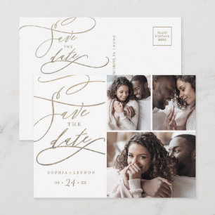 Invitation Carte Postale Romantic Gold Calligraphy 3 Photo Save the Date