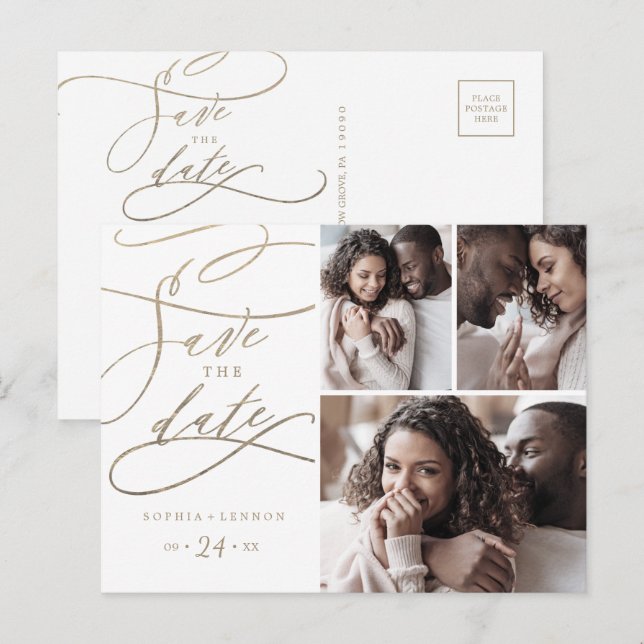 Invitation Carte Postale Romantic Gold Calligraphy 3 Photo Save the Date (Devant / Derrière)