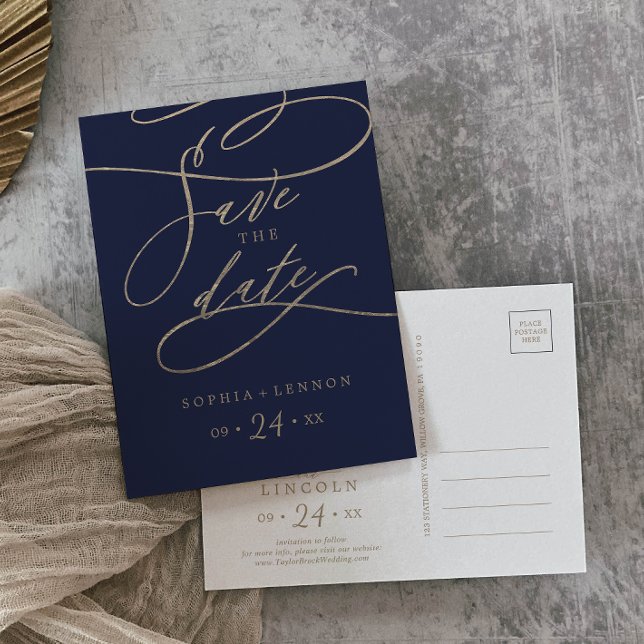 Invitation Carte Postale Romantic Navy Calligraphy Save the Date Postcard (Créateur téléchargé)