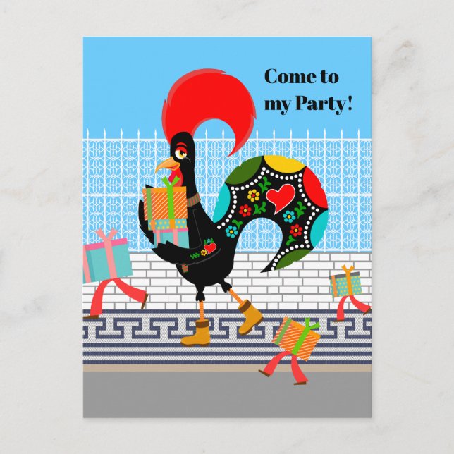 Invitation Carte Postale Rooster portugais avec cadeaux 1ère fête d'anniver (Devant)