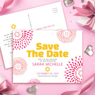 Invitation Carte Postale Rose Bat Mitzvah Enregistrez la date Moderne Éclat