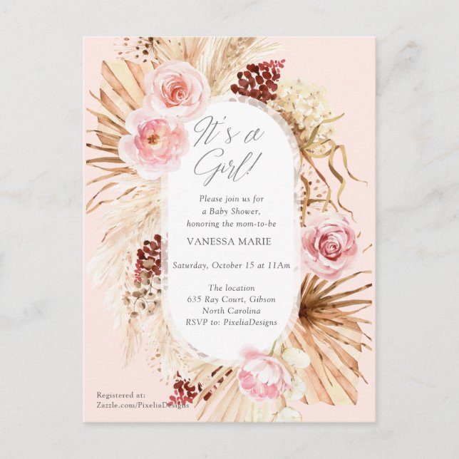 Invitation Carte Postale Rose c'est une fille boho aquarelle pampas floral (Devant)