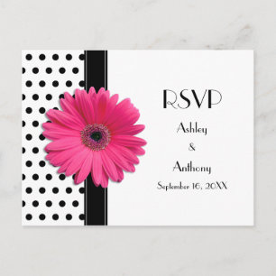 Invitation Carte Postale Rose Daisy Noir Blanc Polka Dot Wedding RSVP