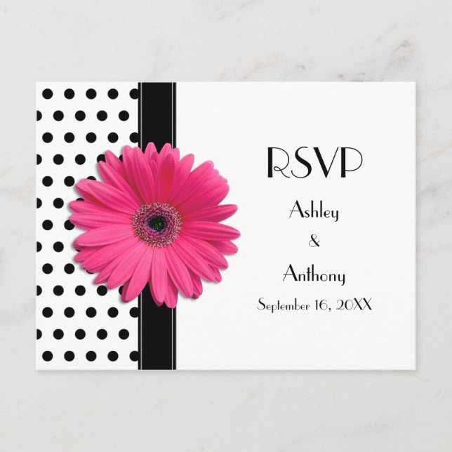 Invitation Carte Postale Rose Daisy Noir Blanc Polka Dot Wedding RSVP (Devant)
