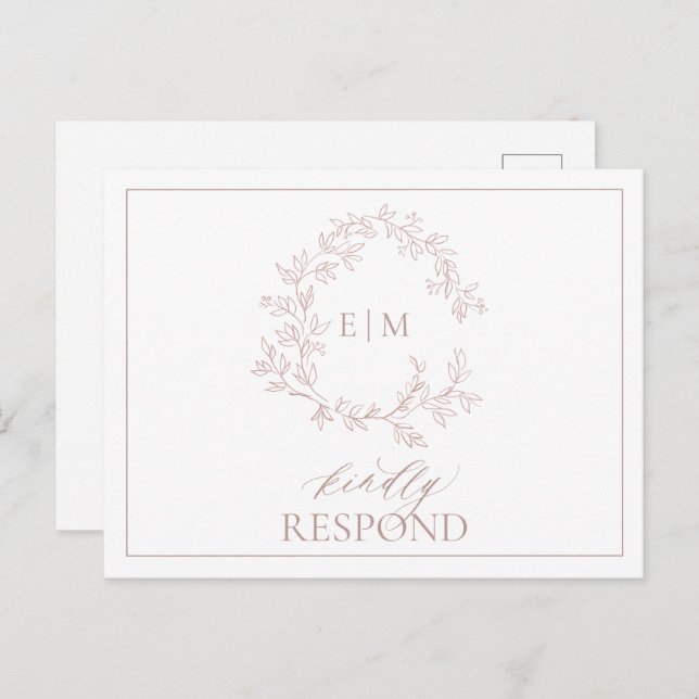 Invitation Carte Postale Rose Dusty Crest Monogramme Mariage RSVP (Devant / Derrière)