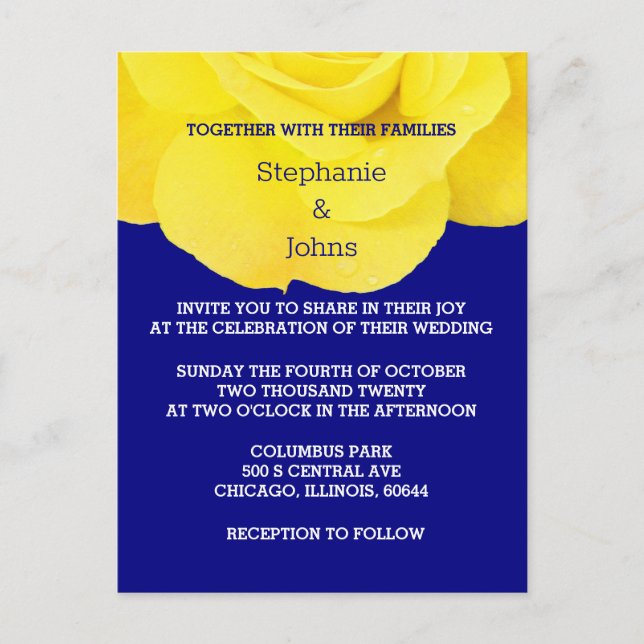 Invitation Carte Postale Rose floral bleu de la marine jaune Mariage simple (Devant)
