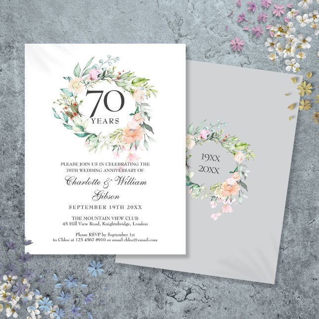 Invitation Carte Postale Rose Floral Garland 70e anniversaire de Mariage (Roses Floral Garland 70th Wedding Anniversary Invitation Postcard)