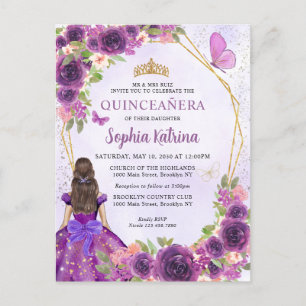 Invitation Carte Postale Rose foncé or Floral Princesse Quinceañera