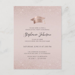 Invitation Carte Postale Rose Gold Casquette et Pompon Rose Foncé Fête de R