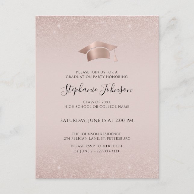 Invitation Carte Postale Rose Gold Casquette et Pompon Rose Foncé Fête de R (Devant)
