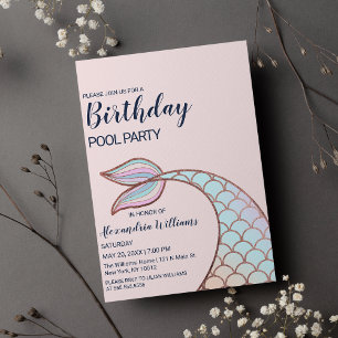 Invitation Carte Postale Rose Gold Girly Pink Mermaid Tail Pool Anniversair