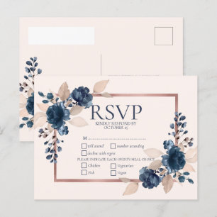 Invitation Carte Postale Rose Gold Navy Blue Dusty Pink Floral Wedding
