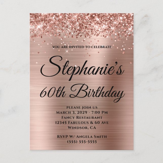 Invitation Carte Postale Rose Gold Pailleté Monogramme Fantaisie 60e Annive (Devant)