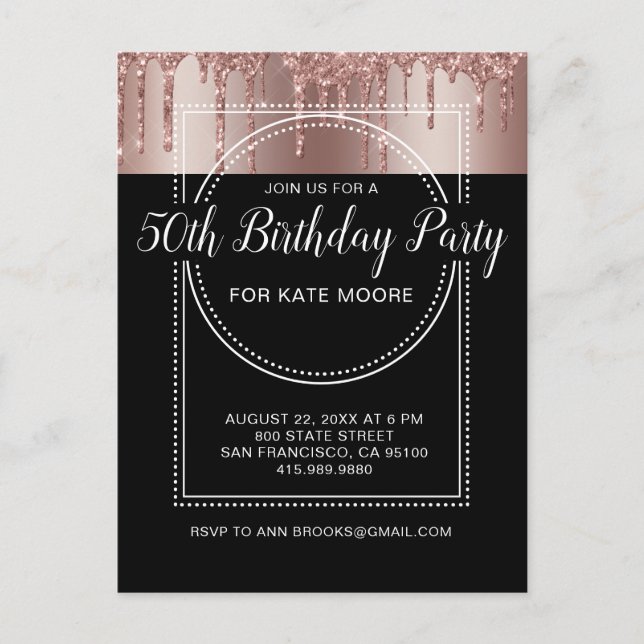 Invitation Carte Postale Rose Gold Parties scintillant Drip Noir 50e annive (Devant)