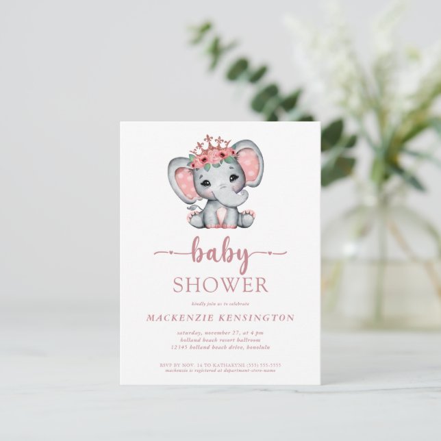Invitation Carte Postale Rose Gold Princesse Elephant Baby Girl (Debout devant)