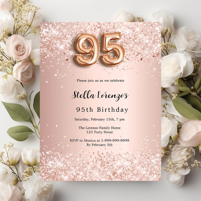 Invitation Carte Postale rose gold rose 95e anniversaire (Créateur téléchargé)
