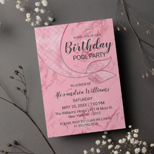 Invitation Carte Postale Rose Gold rose Mermaid Tail Pool Marbre Anniversai