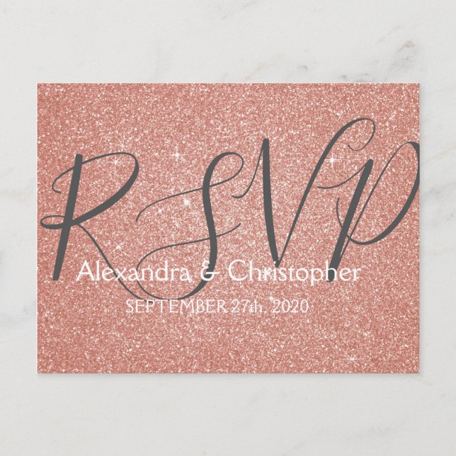 Invitation Carte Postale Rose Gold Rose Pailleté et Brillants RSVP (Devant)