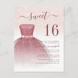 Invitation Carte Postale Rose Gold Sweet 16 Drips Parties scintillant moder