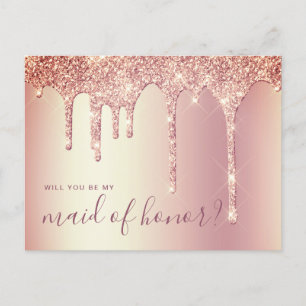 Invitation Carte Postale Rose gouttes d'or serez-vous ma servante d'honneur