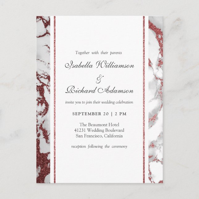 Invitation Carte Postale Rose Marbre d'or classique Typographie Mariage (Devant)