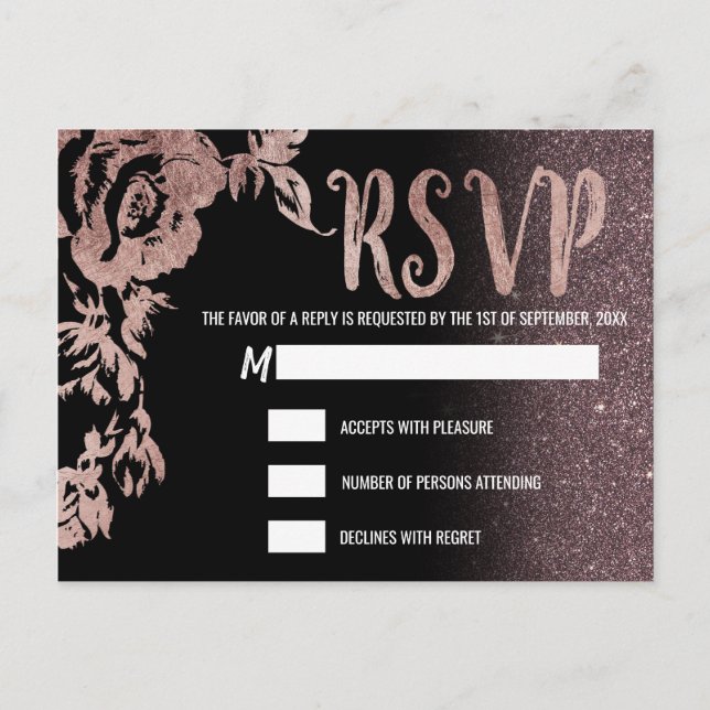 Invitation Carte Postale Rose noire pailletée or floral RSVP (Devant)