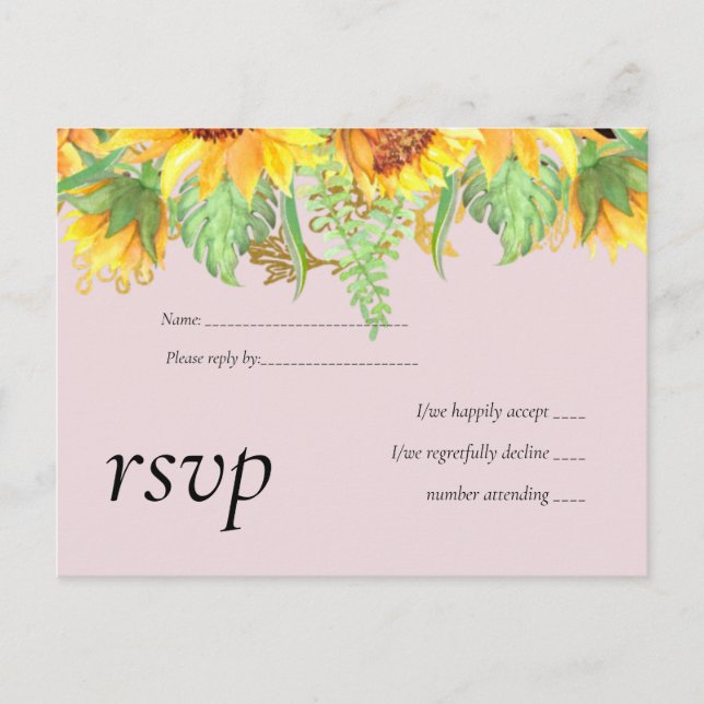 Invitation Carte Postale Rose pâle avec Sunflowers Budget Mariage (Devant)