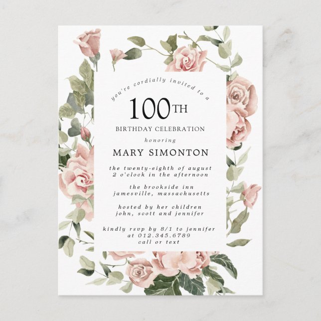 Invitation Carte Postale Rose rose Floral verdure 100e anniversaire (Devant)