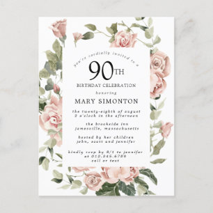 Invitation Carte Postale Rose Rose Floral Verdure 90e anniversaire