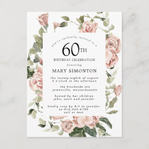 Invitation Carte Postale Rose Rose Floral Vert 60e anniversaire