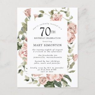 Invitation Carte Postale Rose Rose Floral Vert 70e anniversaire