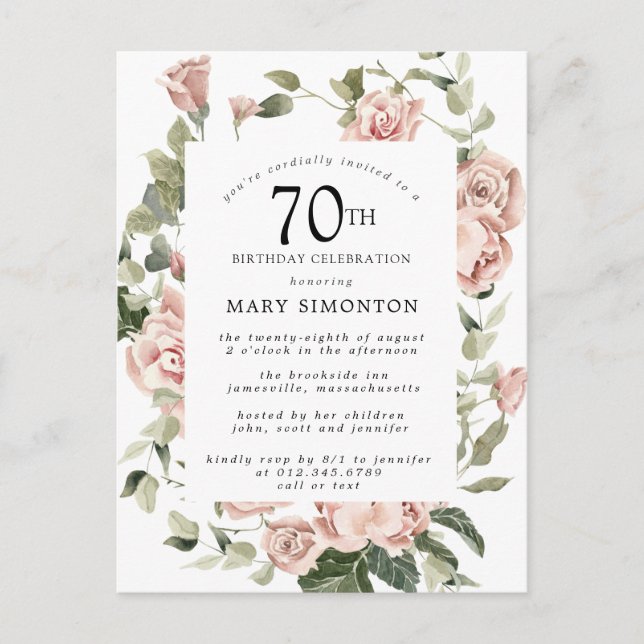 Invitation Carte Postale Rose Rose Floral Vert 70e anniversaire (Devant)